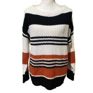 Women's Colorblock Fall Sweater Size M Orange Black Knit Casual Relaxed Striped